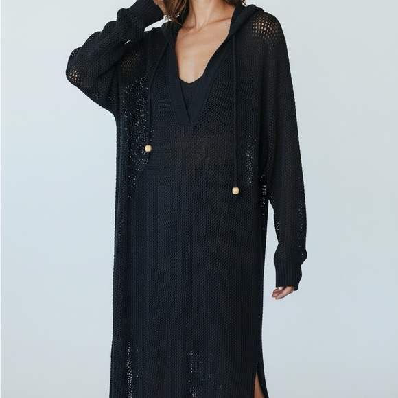 Tahari V Neck Black Open Knit Mesh Hooded Long Swim Cover-Up Large NWT - Picture 10 of 10